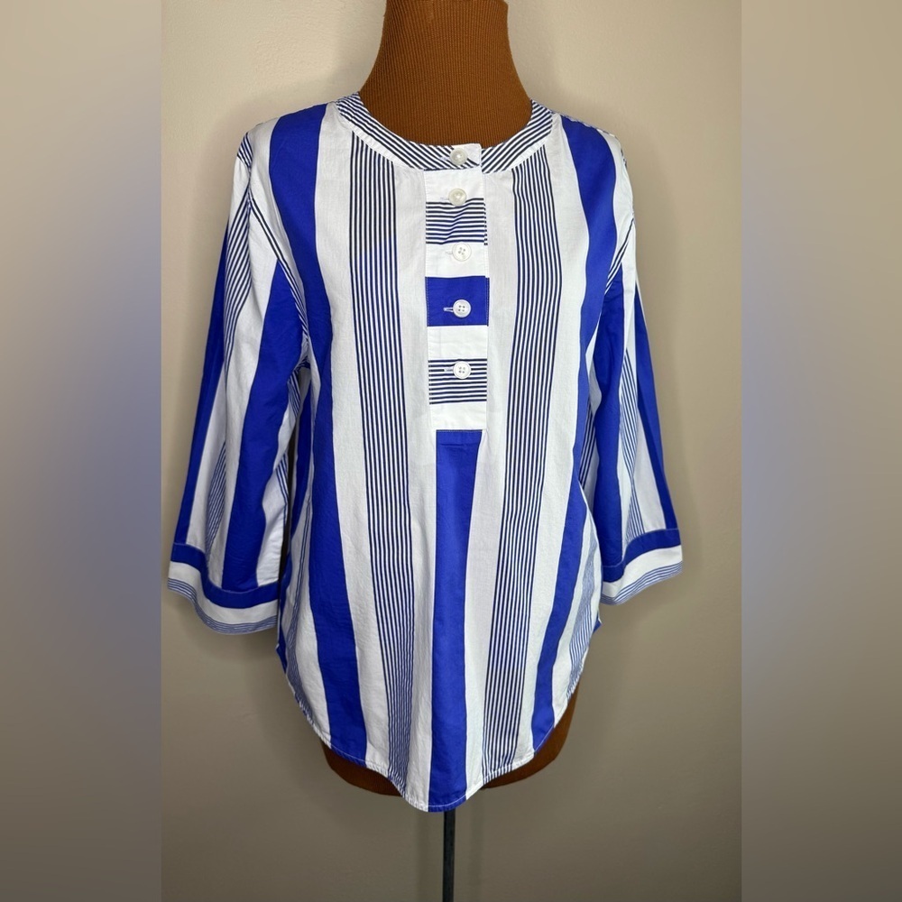 J. Crew Pullover Blue and White Striped Tunic Blouse Cotton Size Small